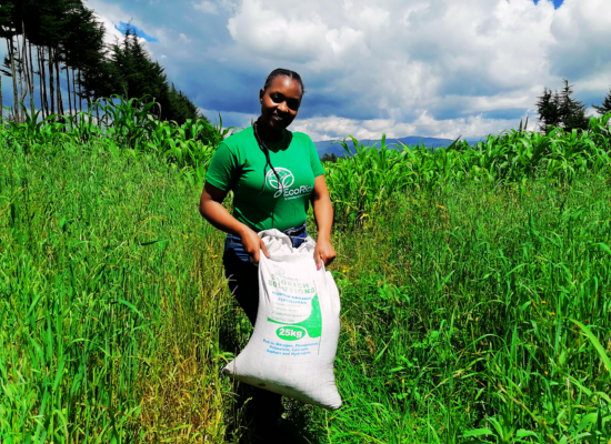 African woman standing in a green field holding an agricultural linen bag