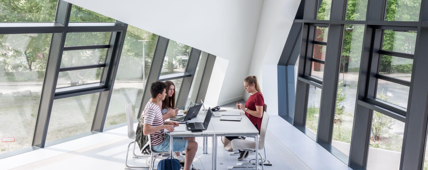 Three students working together at a groub table with a view outdoors at Leuphana University.