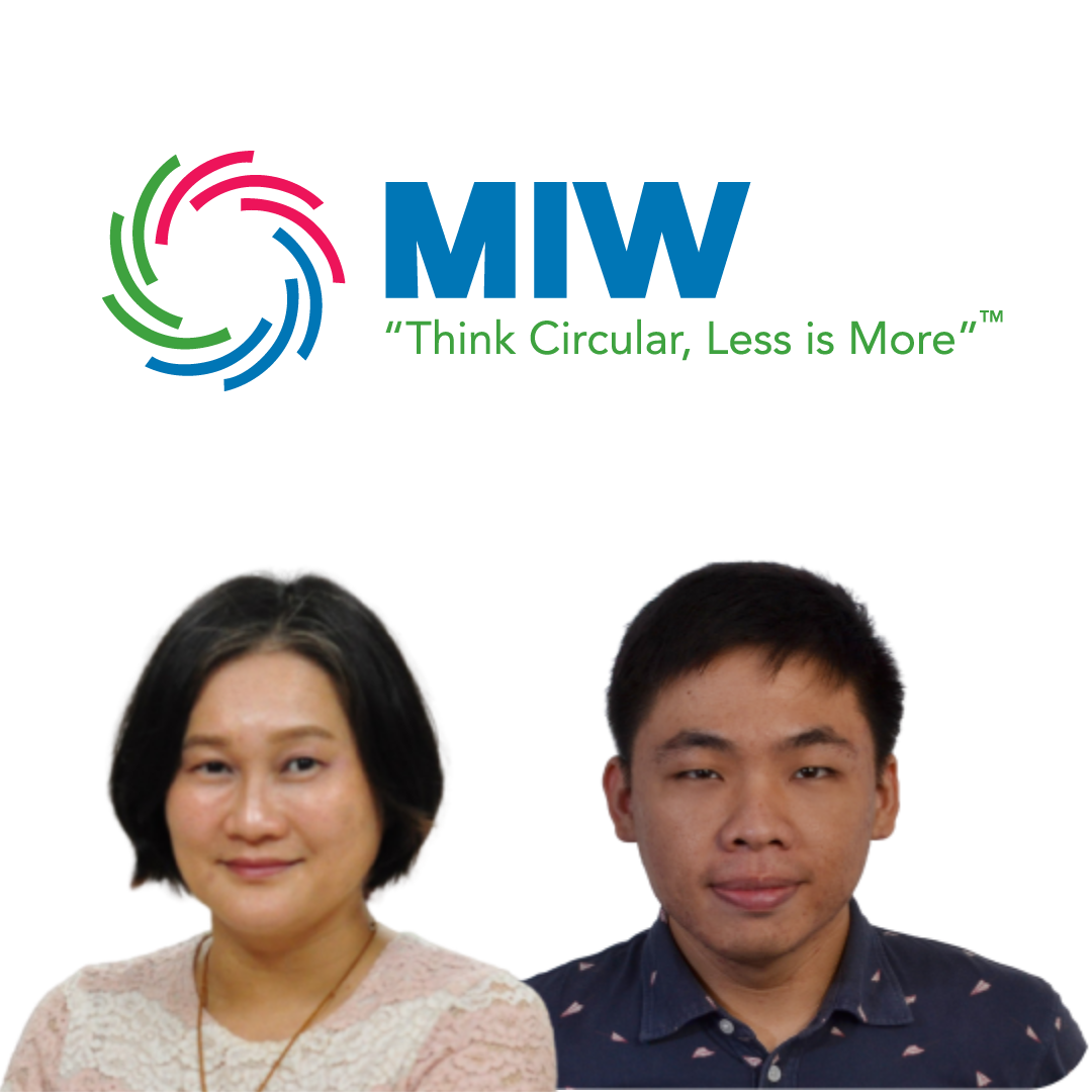 Profile pictures of a Malaysian female researcher and male technical director as founders of Materials in Works. In upper part of the picture is their logo with a title: "Think Circular, Less is more"