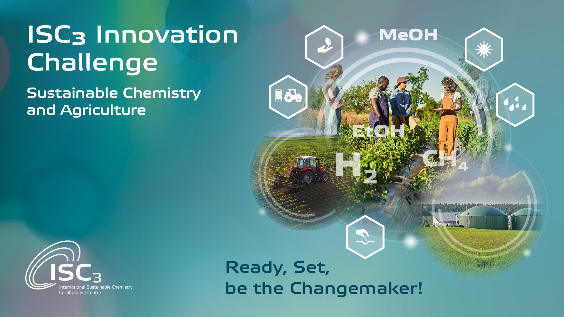 Banner announcing the ISC3 Innovation Challenge - Sustainable Chemistry and Agriculture. It shows a small picture of an agricultural area and four people discussing something.