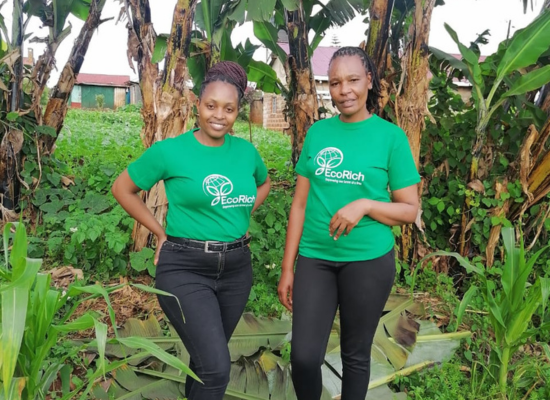 Two african women dressed in Ecorich´s company shirts surrounded by palms and greenery, smiling into camera