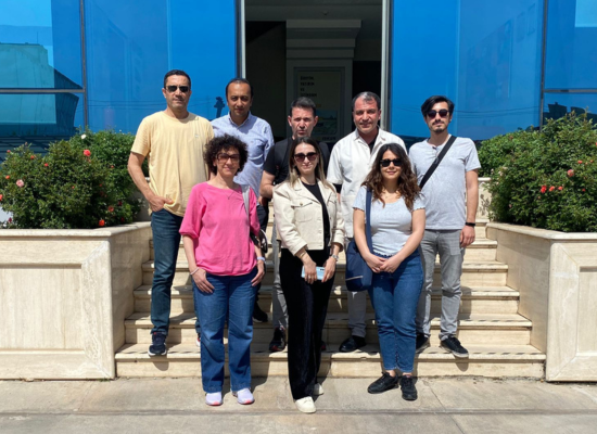 eight people of both genders standing on stairs infront of a building on a sunny day