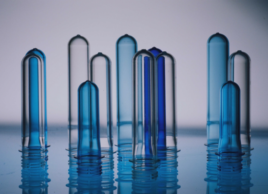 close-up of translucent pastic tubes of different size in different shades of blue